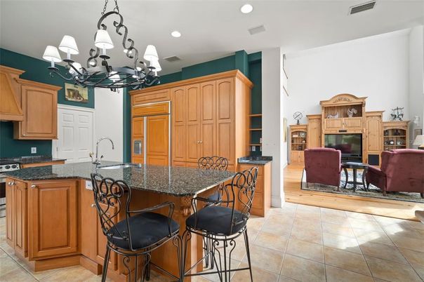 Chandelier, Fireplace, Interior, Kitchen, Living room, Recessed Lighting
