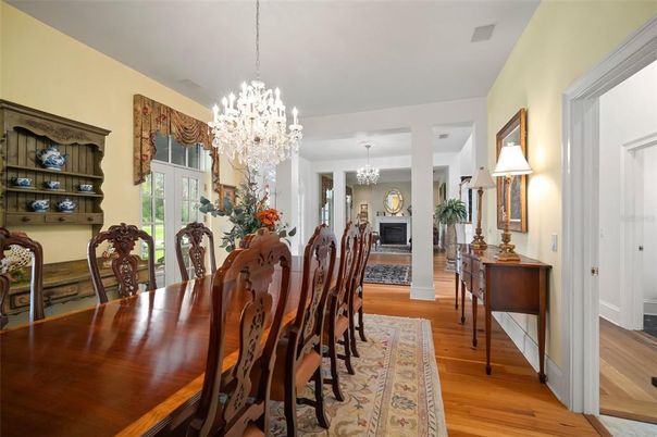 Chandelier, Dining room, Fireplace, Interior, Wood Texture Flooring