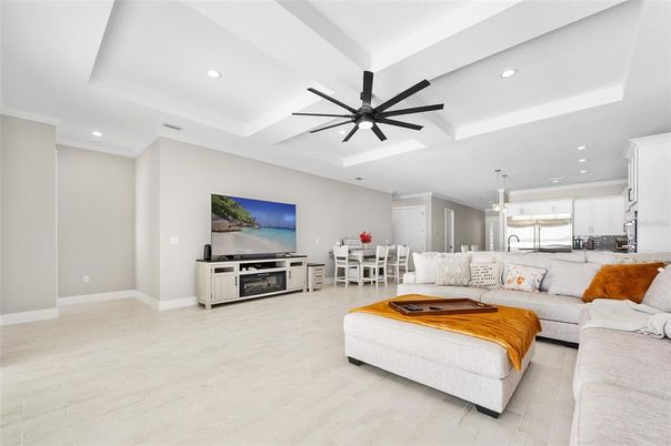 Dining room, Interior, Kitchen, Living room, Pendant Lights, Recessed Lighting, Stainless Steel Appliances, Wood Texture Flooring