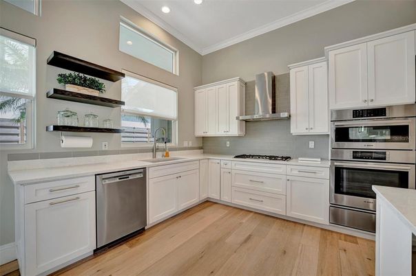 Interior, Kitchen, Recessed Lighting, Stainless Steel Appliances, Wood Texture Flooring