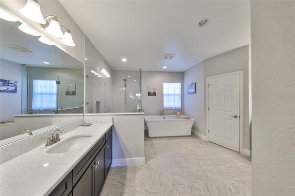 Bathroom, Dual Sink Vanities, Free Standing Baths, Glass Shower, Interior, Marble, Recessed Lighting