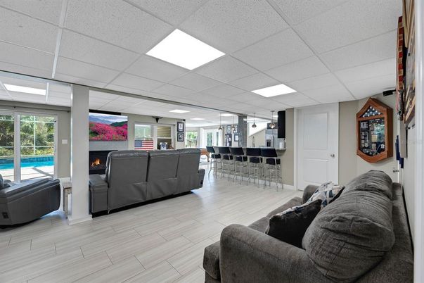 Fireplace, Interior, Living room, Recessed Lighting, Wood Texture Flooring