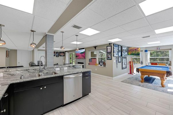 Billiard Table, Game Room, Interior, Kitchen, Pendant Lights, Recessed Lighting, Wood Texture Flooring
