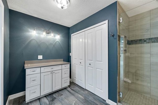 Bathroom, Glass Shower, Interior, Wood Texture Flooring