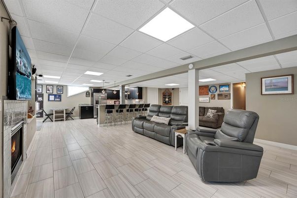 Fireplace, Interior, Kitchen, Living room, Pendant Lights, Recessed Lighting