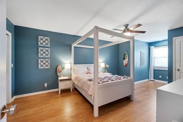 Bedroom, Interior, Recessed Lighting, Wood Texture Flooring