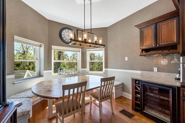 Dining room, Interior, Pendant Lights, Wood Texture Flooring