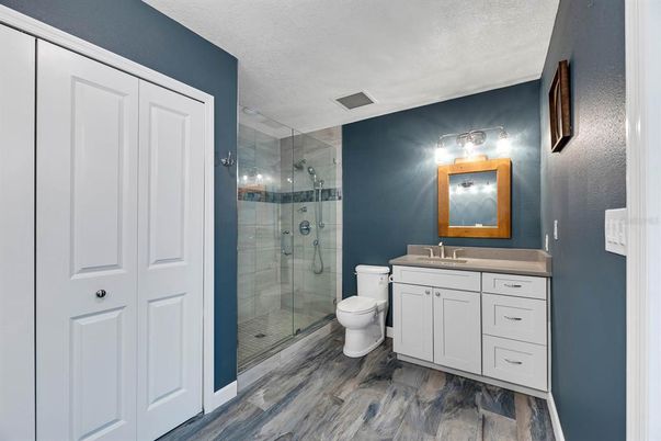 Bathroom, Glass Shower, Interior, Wood Texture Flooring