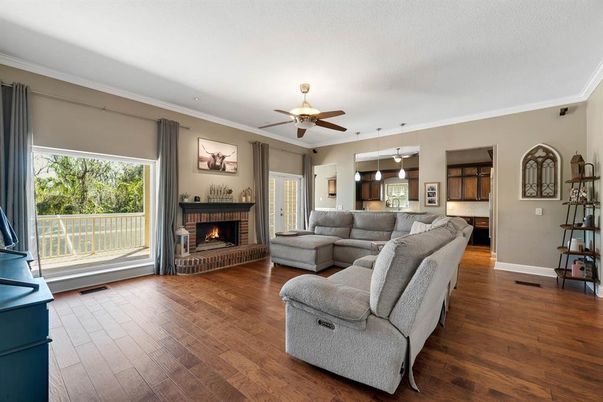 Fireplace, Interior, Kitchen, Living room, Pendant Lights, Wood Texture Flooring