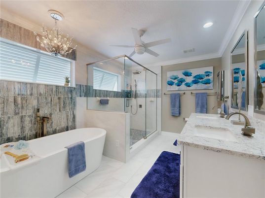 Bathroom, Dual Sink Vanities, Free Standing Baths, Glass Shower, Interior, Recessed Lighting