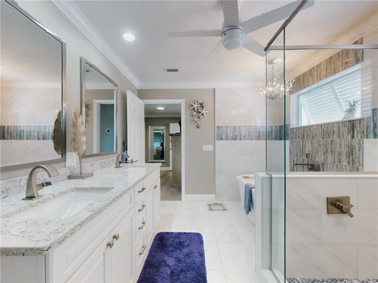 Bathroom, Dual Sink Vanities, Glass Shower, Interior, Recessed Lighting