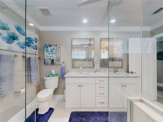 Bathroom, Dual Sink Vanities, Glass Shower, Interior, Recessed Lighting
