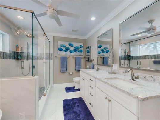 Bathroom, Dual Sink Vanities, Glass Shower, Interior, Recessed Lighting