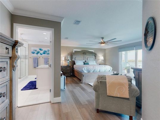 Bedroom, Interior, Recessed Lighting, Wood Texture Flooring