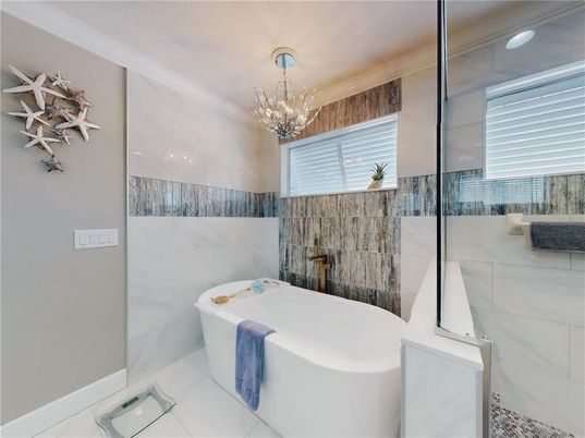 Bathroom, Free Standing Baths, Glass Shower, Interior, Recessed Lighting