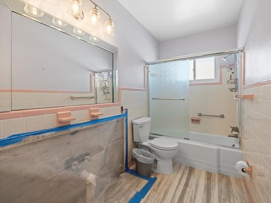 Bathroom, Glass Shower, Interior, Wood Texture Flooring
