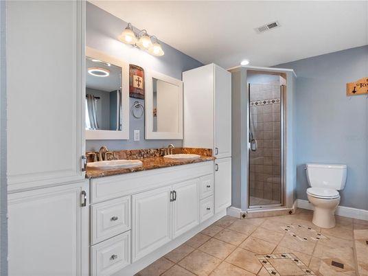 Bathroom, Dual Sink Vanities, Glass Shower, Interior, Recessed Lighting