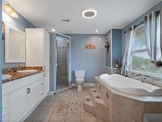 Bathroom, Dual Sink Vanities, Glass Shower, Interior, Recessed Lighting