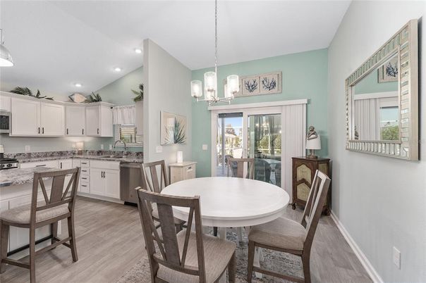 Dining room, Interior, Kitchen, Pendant Lights, Recessed Lighting, Stainless Steel Appliances, Wood Texture Flooring