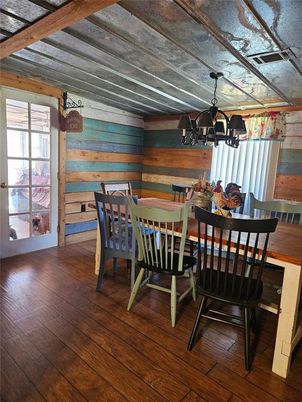 Chandelier, Dining room, Interior, Wood Texture Flooring, Wooden Walls