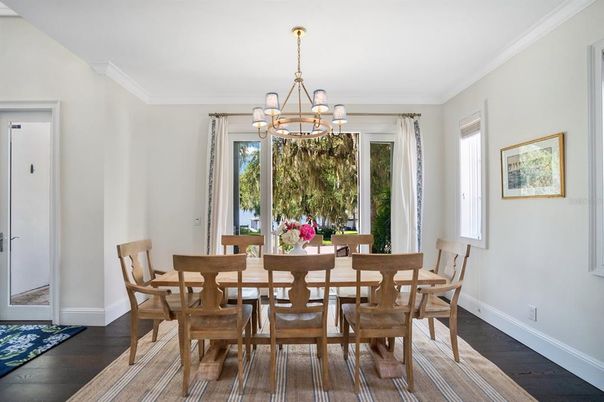 Chandelier, Dining room, Interior, Wood Texture Flooring