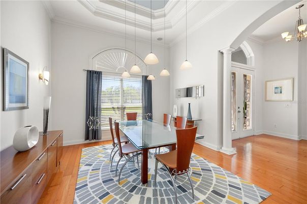 Dining room, Interior, Pendant Lights, Wood Texture Flooring