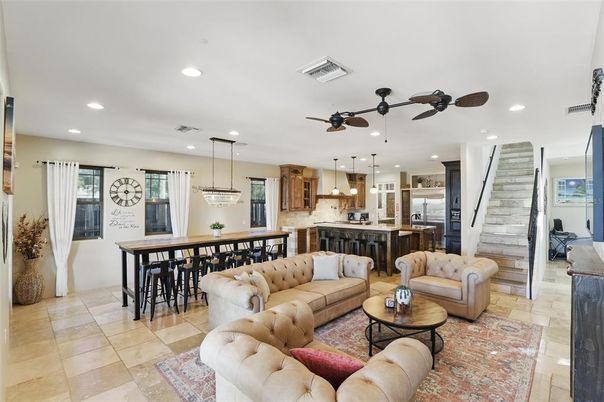 Dining room, Interior, Kitchen, Living room, Pendant Lights, Recessed Lighting, Stainless Steel Appliances