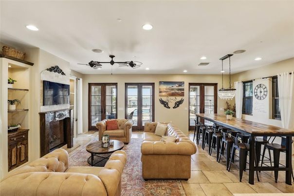 Dining room, Fireplace, Interior, Living room, Pendant Lights, Recessed Lighting