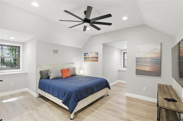 Bedroom, Interior, Recessed Lighting, Wood Texture Flooring