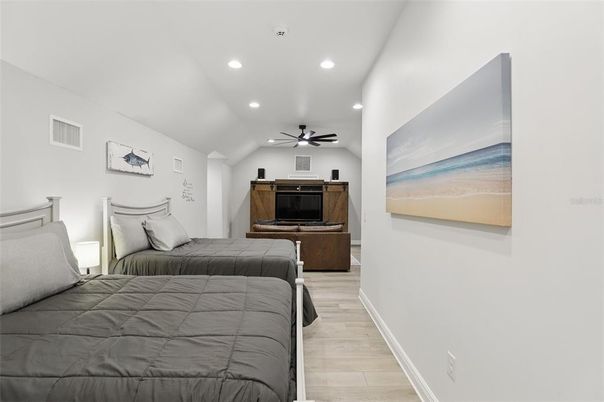 Bedroom, Interior, Recessed Lighting, Wood Texture Flooring