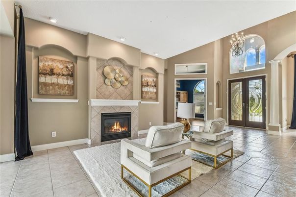Chandelier, Fireplace, Interior, Living room, Recessed Lighting