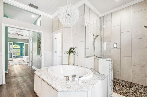 Bathroom, Glass Shower, Interior, Pendant Lights, Recessed Lighting, Wood Texture Flooring