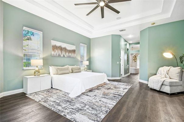 Bedroom, Interior, Recessed Lighting, Wood Texture Flooring
