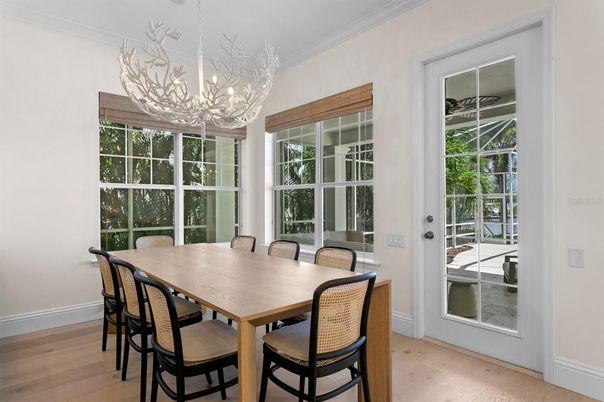 Chandelier, Dining room, Interior, Wood Texture Flooring