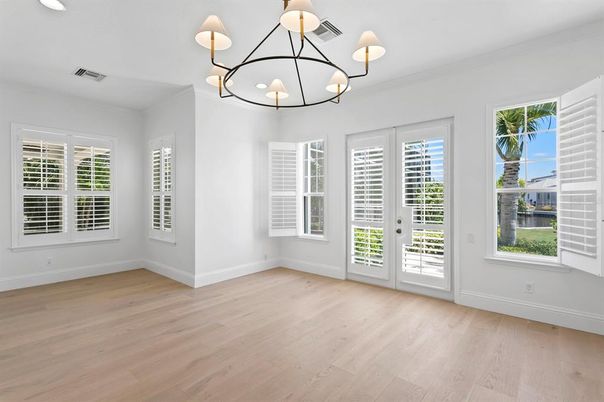 Chandelier, Empty room, Interior, Recessed Lighting, Wood Texture Flooring