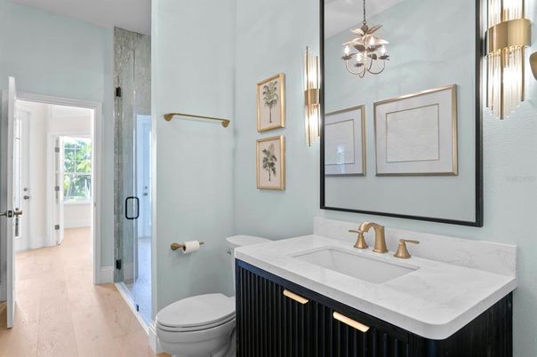 Bathroom, Glass Shower, Interior, Pendant Lights, Wood Texture Flooring