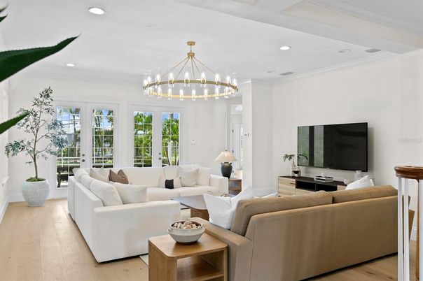 Chandelier, Interior, Living room, Pendant Lights, Recessed Lighting, Wood Texture Flooring