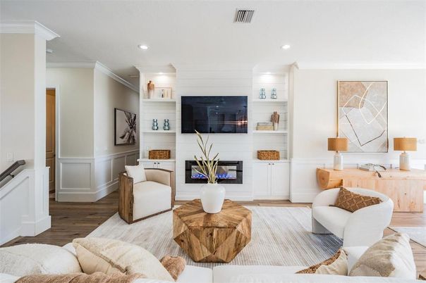 Fireplace, Interior, Living room, Recessed Lighting, Wood Texture Flooring