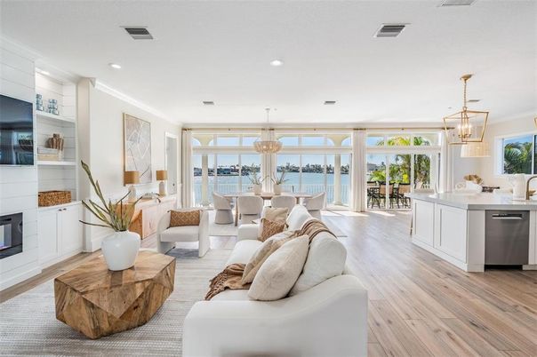 Dining room, Fireplace, Interior, Kitchen, Living room, Pendant Lights, Recessed Lighting, Wood Texture Flooring