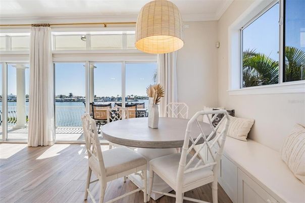Dining room, Interior, Pendant Lights, Water, Wood Texture Flooring