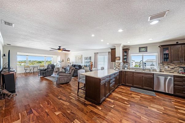 Interior, Kitchen, Living room, Recessed Lighting, Wood Texture Flooring