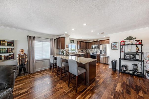 Interior, Kitchen, Recessed Lighting, Stainless Steel Appliances, Wood Texture Flooring