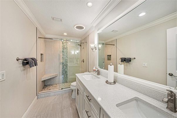 Bathroom, Dual Sink Vanities, Glass Shower, Interior, Recessed Lighting