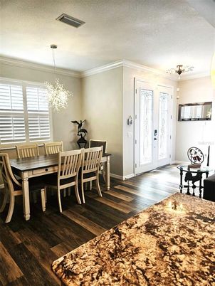 Chandelier, Dining room, Interior, Wood Texture Flooring