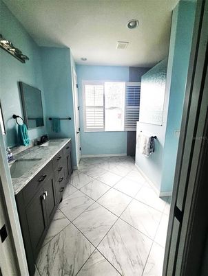 Bathroom, Dual Sink Vanities, Interior, Marble, Recessed Lighting