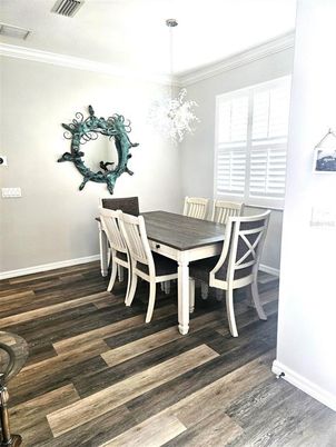 Chandelier, Dining room, Interior, Pendant Lights, Wood Texture Flooring