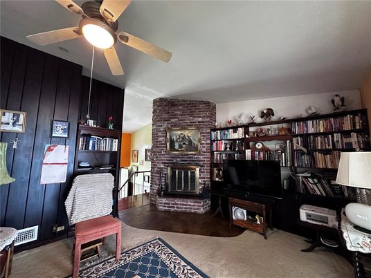 Fireplace, Home Office, Interior, Stone Walls, Wood Texture Flooring