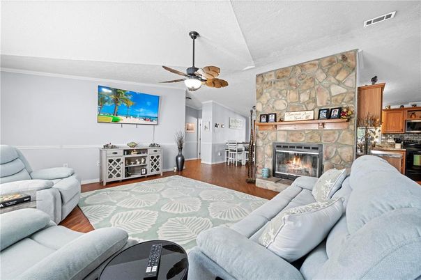 Fireplace, Interior, Kitchen, Living room, Stone Walls, Wood Texture Flooring