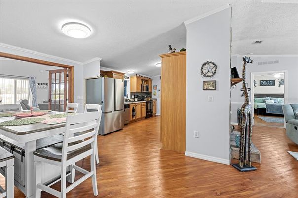Dining room, Interior, Kitchen, Stainless Steel Appliances, Wood Texture Flooring
