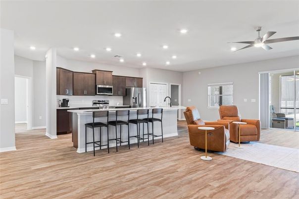 Interior, Kitchen, Living room, Recessed Lighting, Stainless Steel Appliances, Wood Texture Flooring